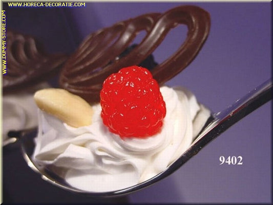 Spoon with raspberry, chocolate, almond and cream - dummy