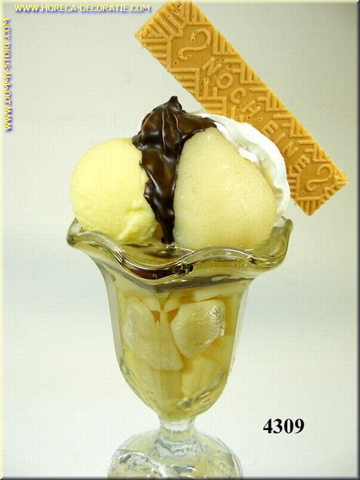 Pear ice cream sundae with chocolate sauce dummy